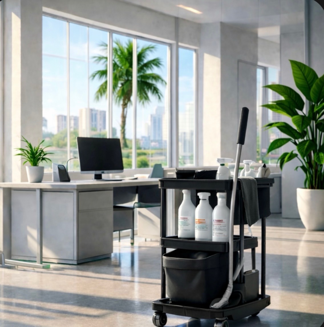 Professional commercial cleaning setup in a bright modern office with supplies cart, desk, and city views.