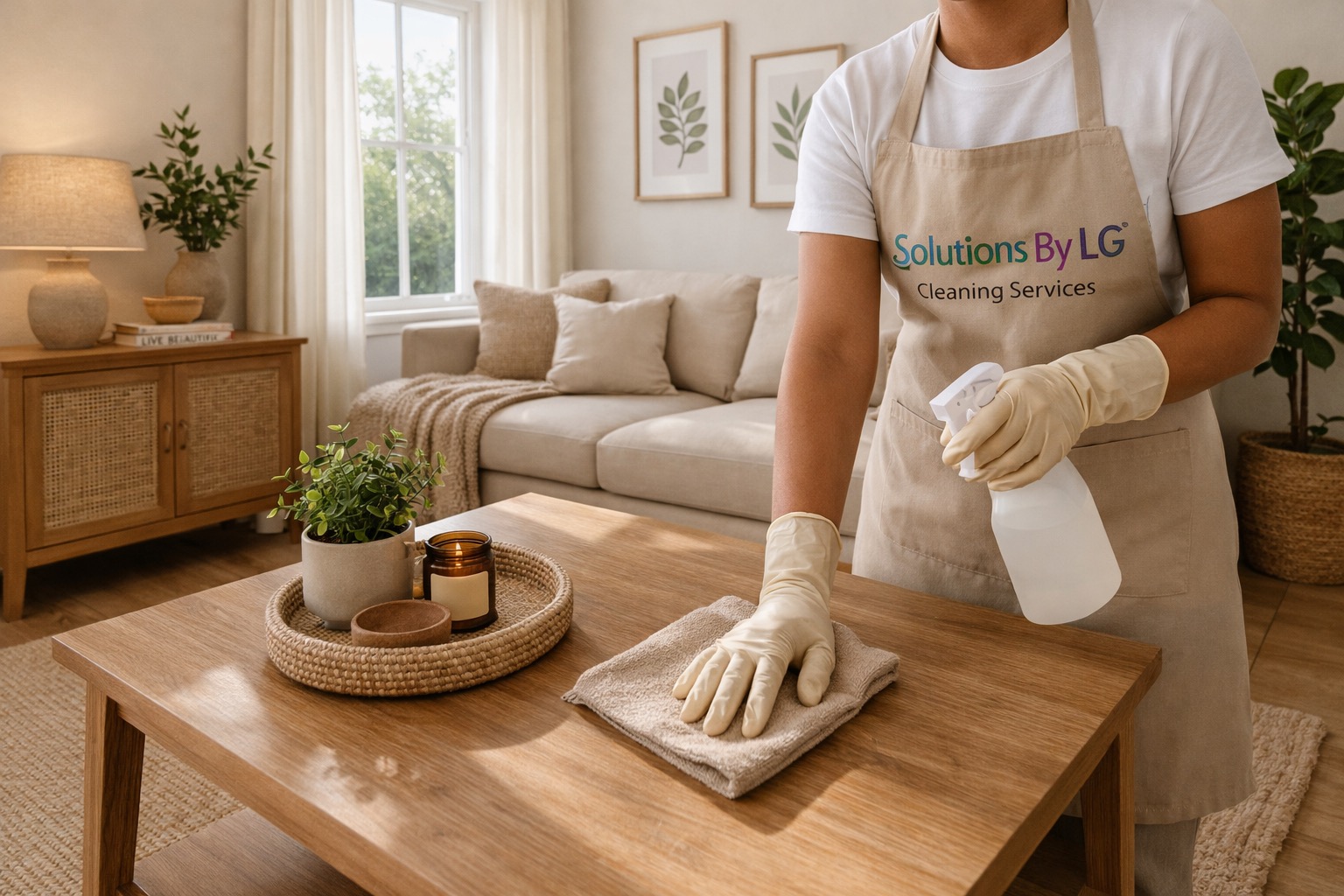 Professional cleaner from Solutions by LG cleaning a modern living room coffee table with eco-friendly products.